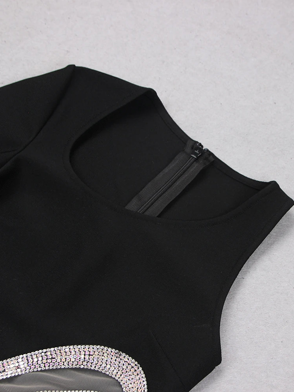 Black One Shoulder Rhinestone Mesh Cutout Long Sleeve Bodycon Mini Dress