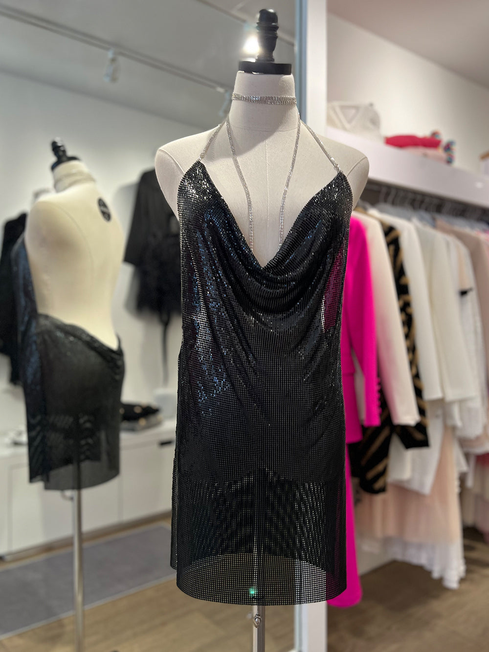 Chain Strap Cowl Neck Backless Chainmail Mini Dress