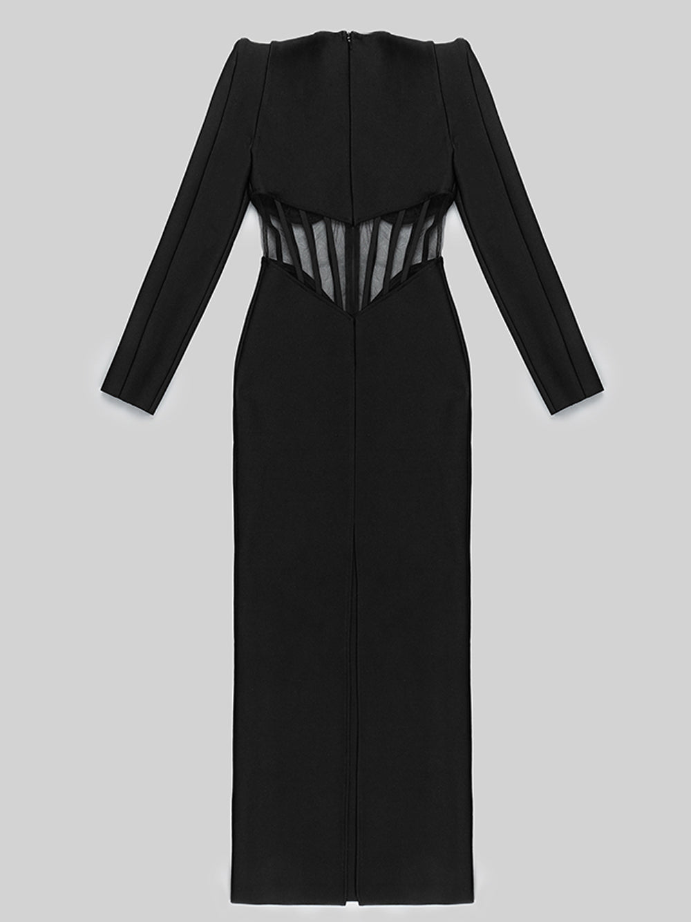 Black Long Sleeve Mesh Corset Illusion Cutout Bodycon Maxi Dress