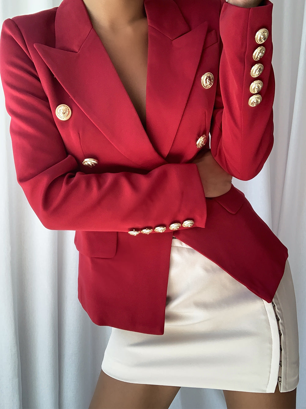 Red Peak Lapel Double Breasted Gold Button Tailored Blazer