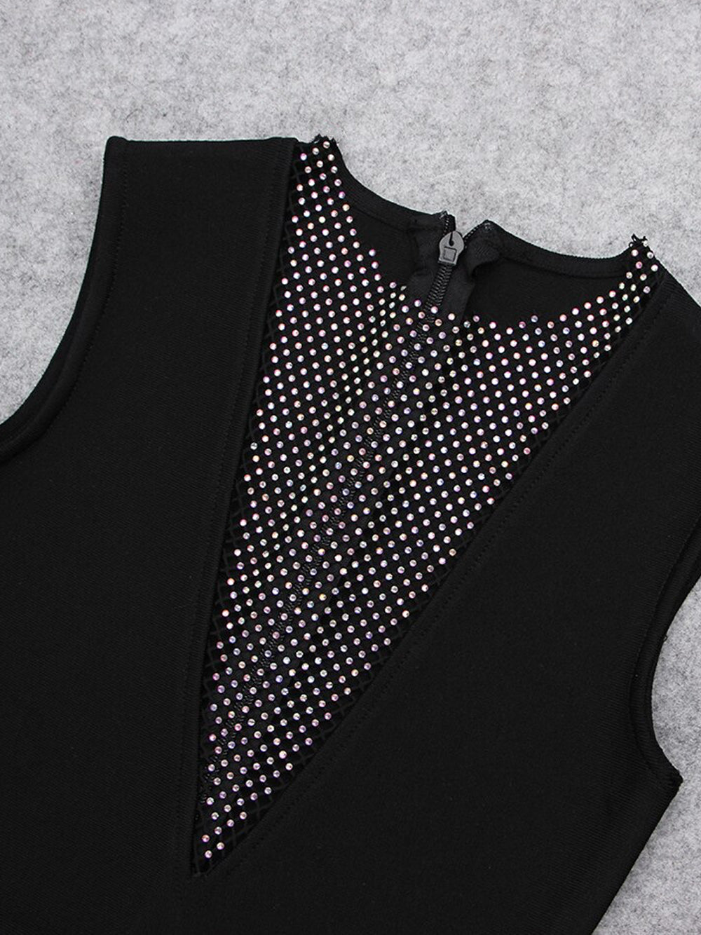 Black High Neck Rhinestone Mesh Insert Sleeveless Bodycon Mini Dress