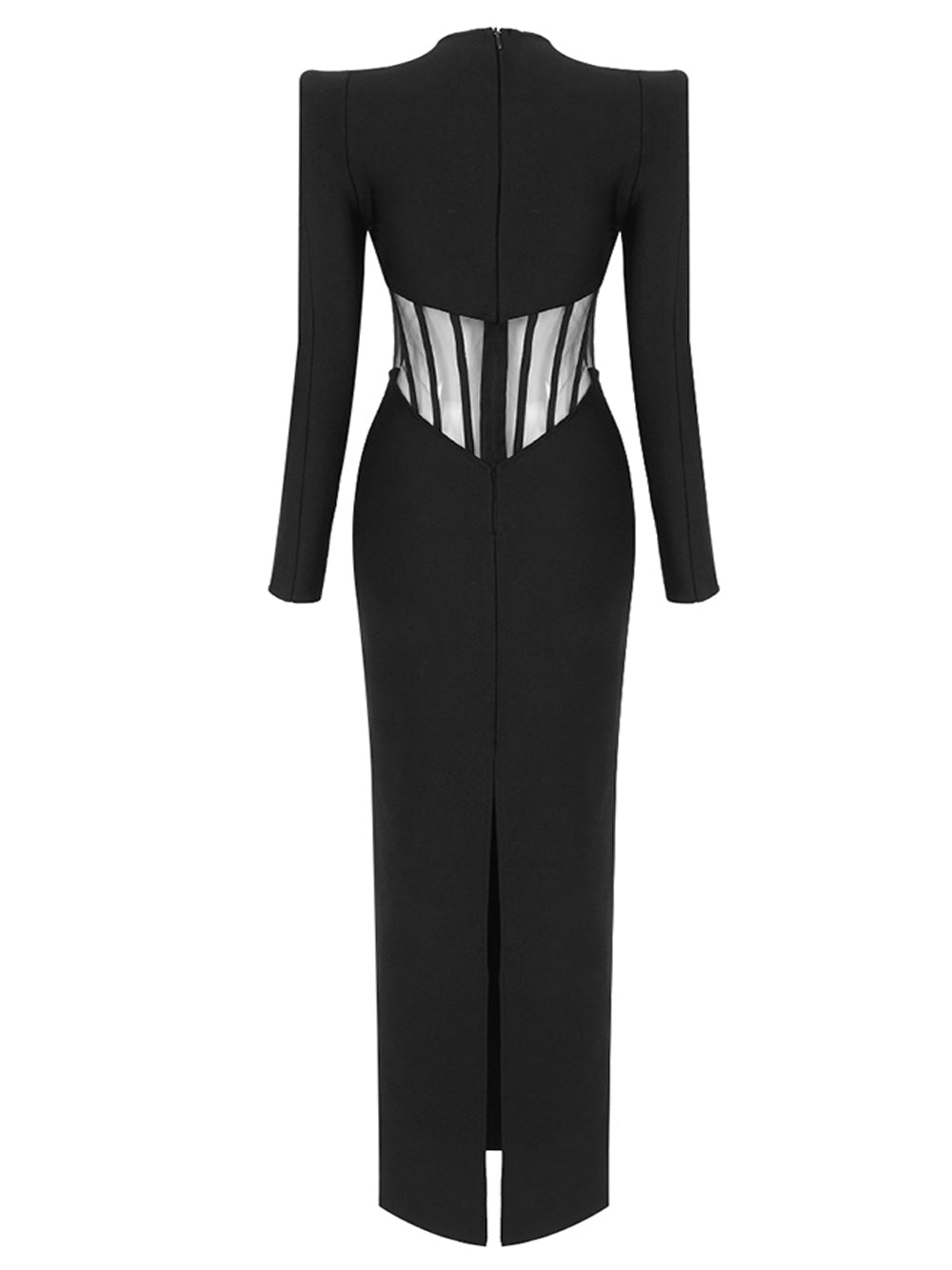 Black Long Sleeve Mesh Corset Illusion Cutout Bodycon Maxi Dress