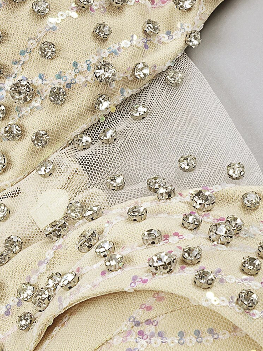 Beige Halter Neck Rhinestone Feather Skirt Bodycon Mini Dress