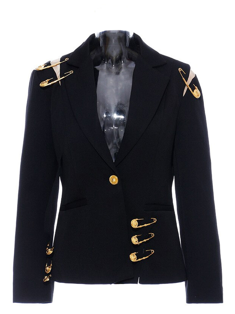 Black Peak Lapel Safety Pin Embellished Single Button Blazer 11