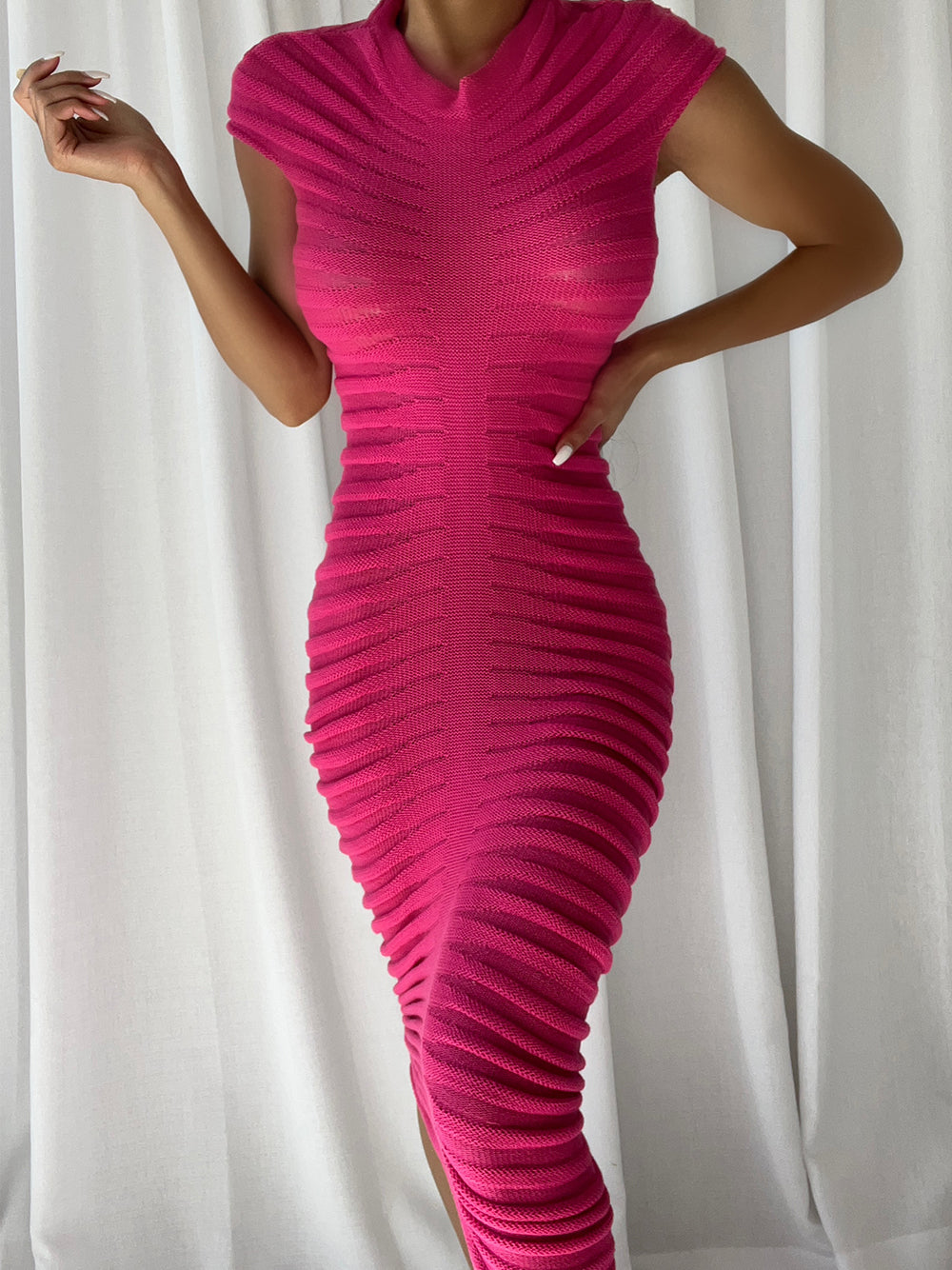 Fuchsia Mock Neck Textured Ribbed Knit Cap Sleeve Bodycon Midi Dress
