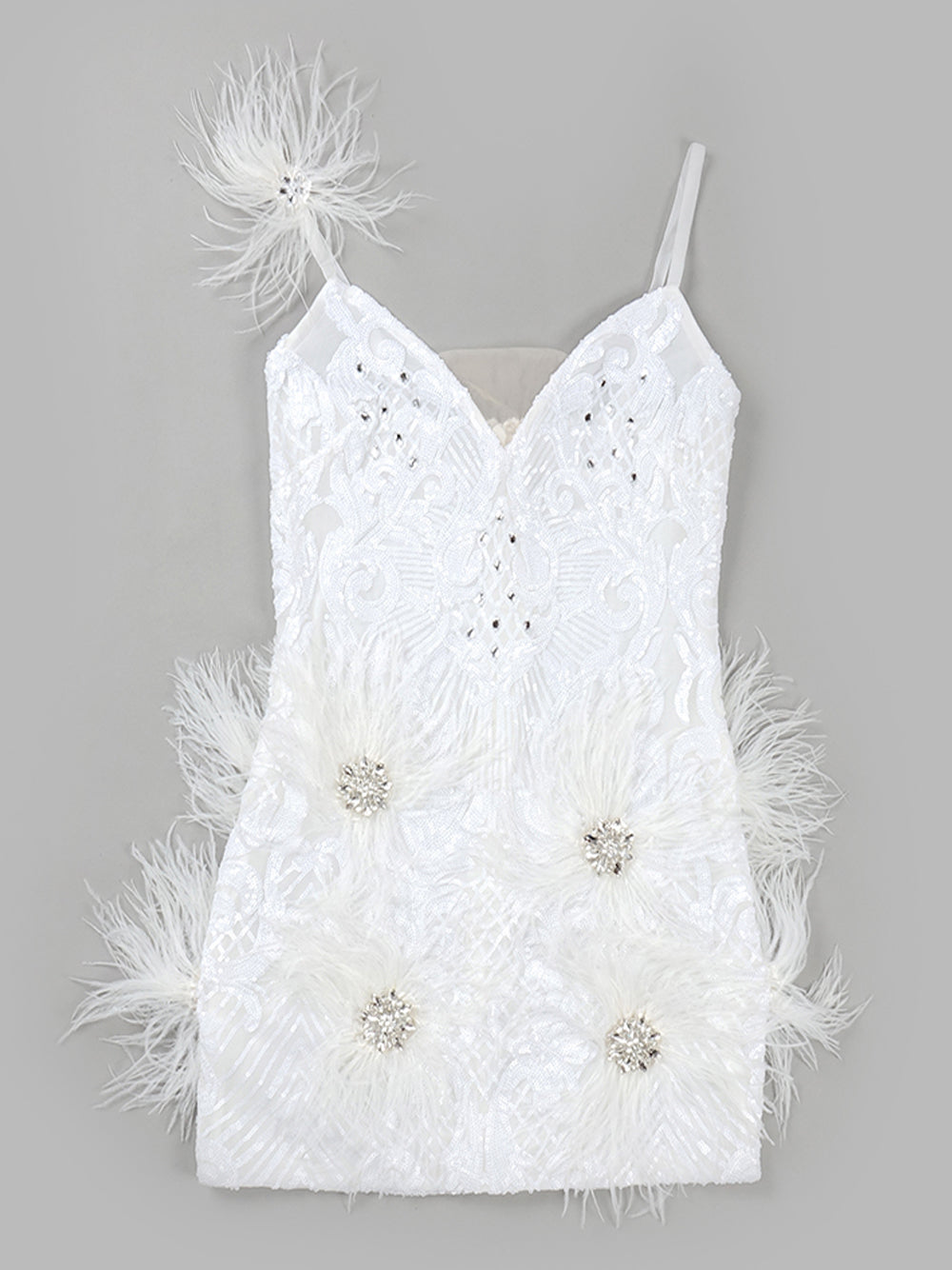 V-Neck Spaghetti Strap Sequin Feather Trim Bodycon Mini Dress 9