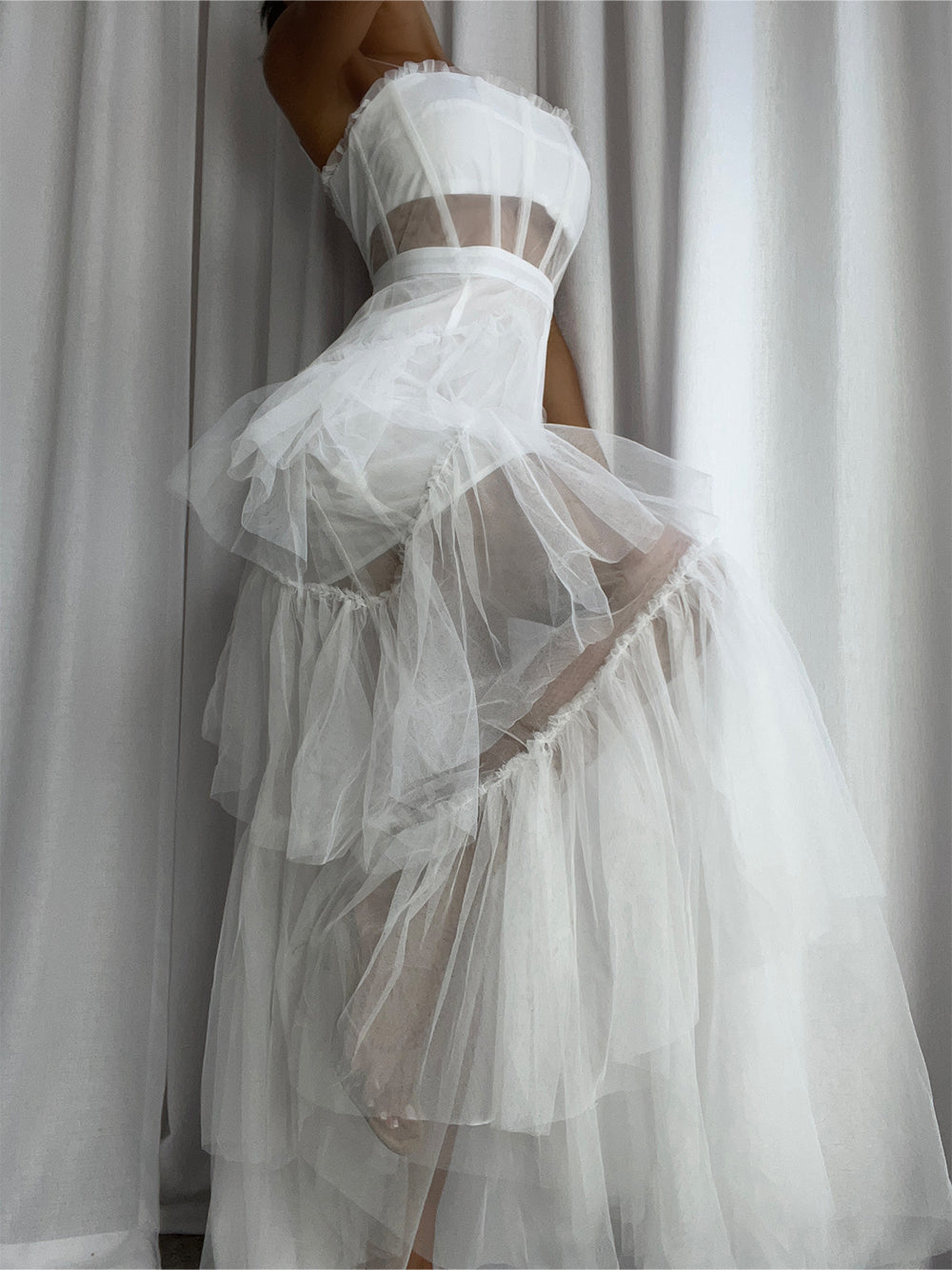 White Spaghetti Strap Straight Neck Corset Tiered Tulle Maxi Dress 2