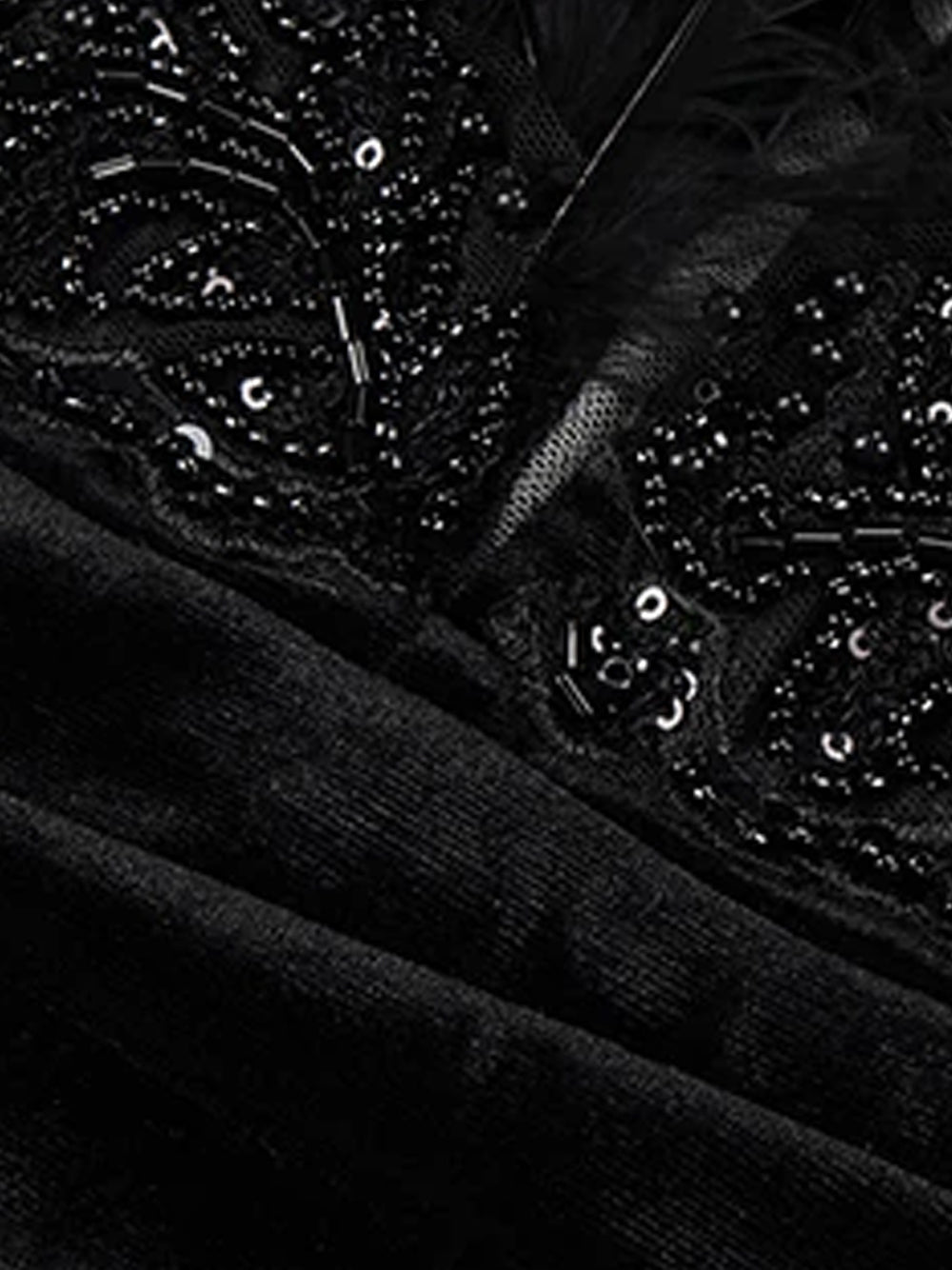 Black Off-Shoulder Feather Trim Velvet Beaded Ruched Bodycon Mini Dress