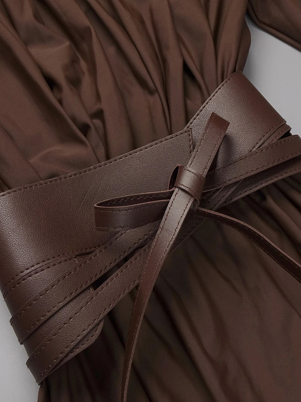 Brown Plunge V-Neck Ruched Crossover Waist Long Sleeve A-Line Maxi Dress