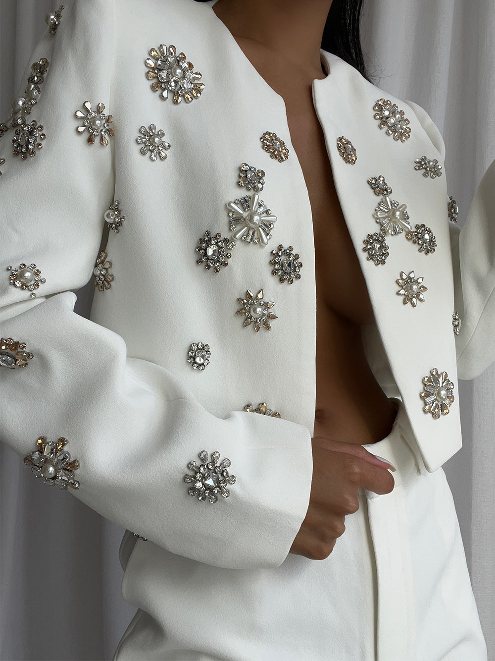 White Rhinestone Floral Embellished Cropped Jacket and Split Flared Pants Set