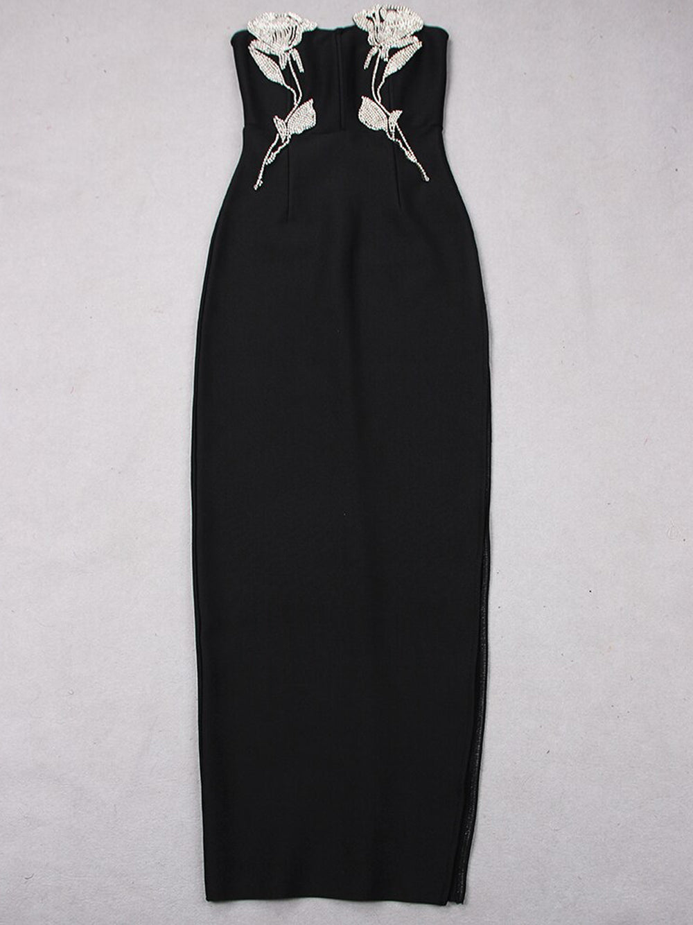 Black Strapless Crystal Rose Applique Bodycon Maxi Gown