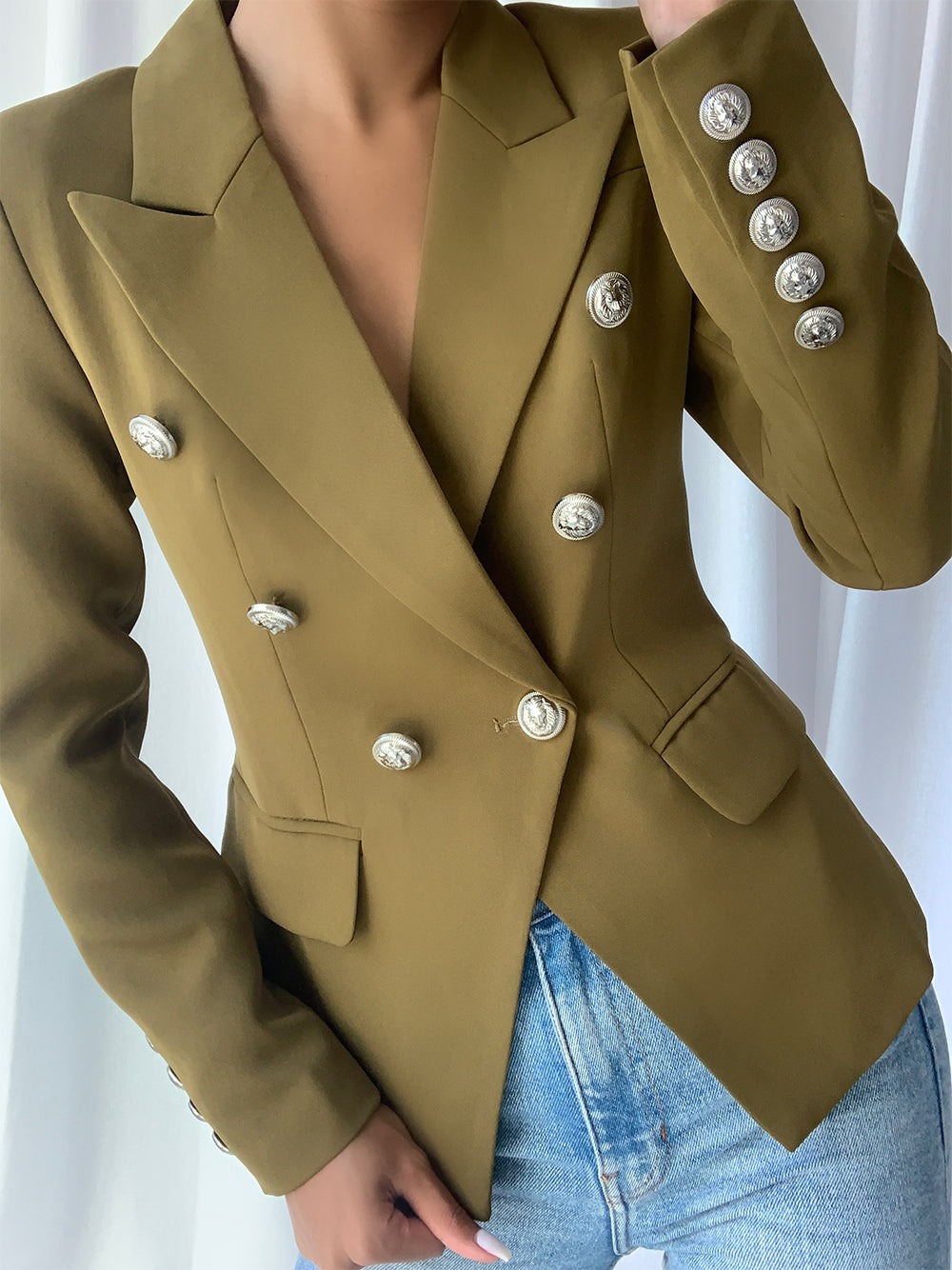 Green Peak Lapel Double Breasted Lion Button Fitted Blazer