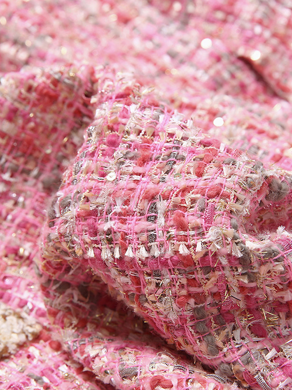 Pink Notch Lapel Fringe Trim Belted Tweed Cape Coat