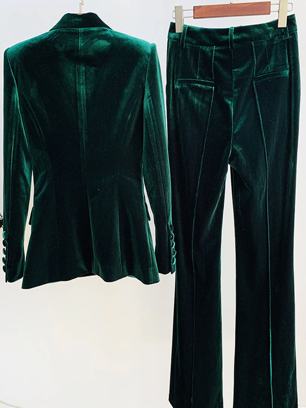 Green Peak Lapel Plunge Velvet Blazer And Flared Pants Set