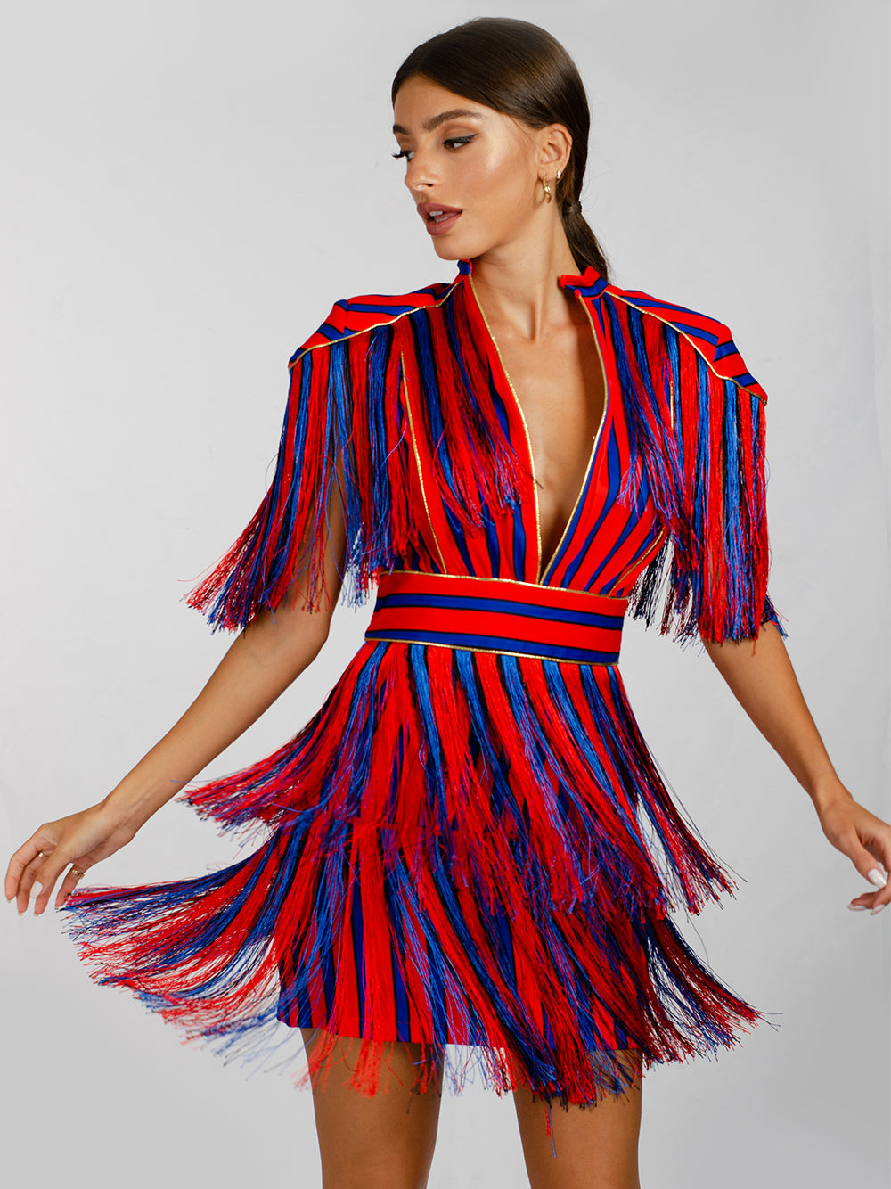 Red Collared V-Neck Striped Fringe Tassel Short Sleeve Mini Dress