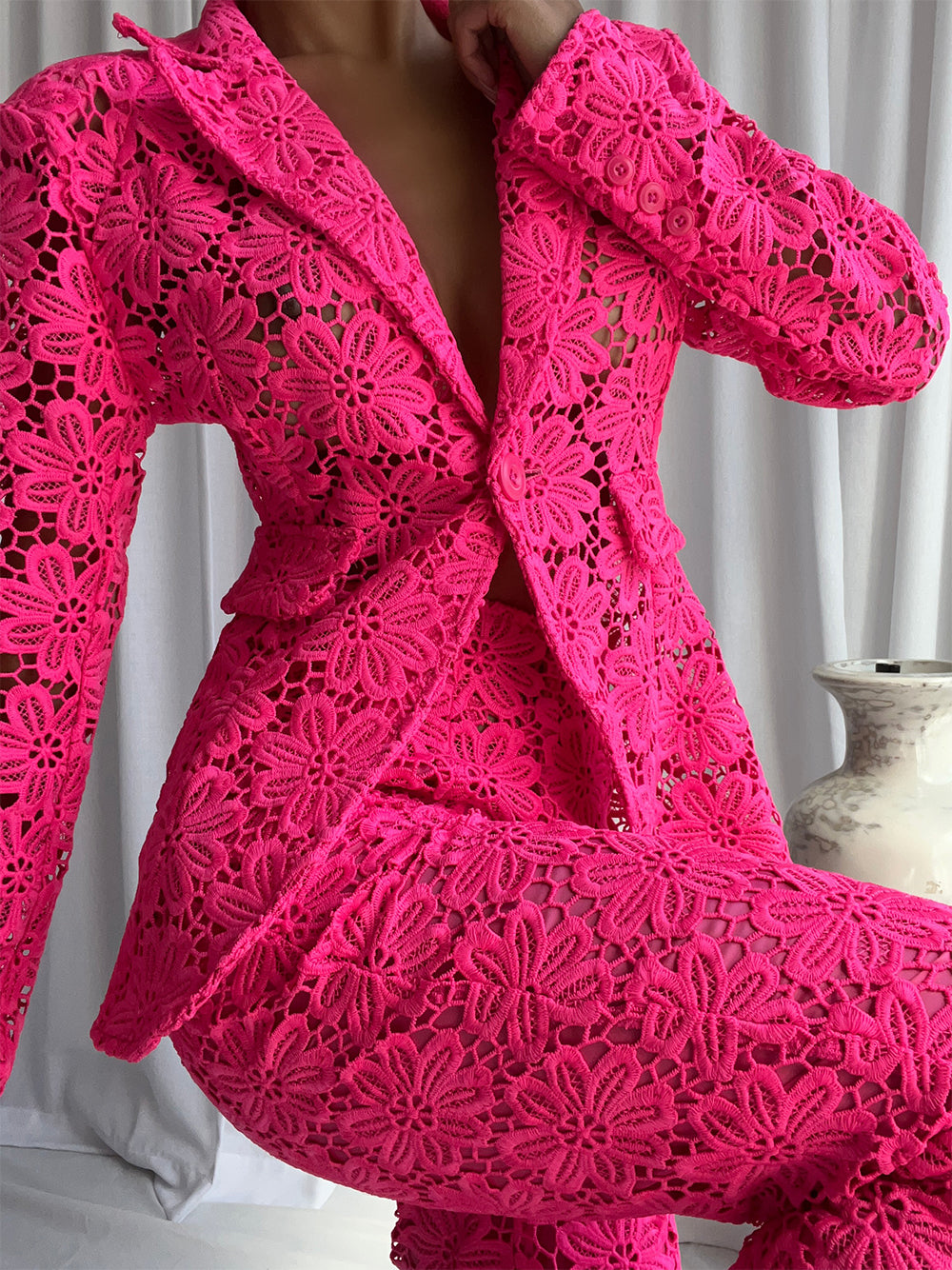 Fuchsia Notch Lapel Floral Lace Blazer And Pants Set 2