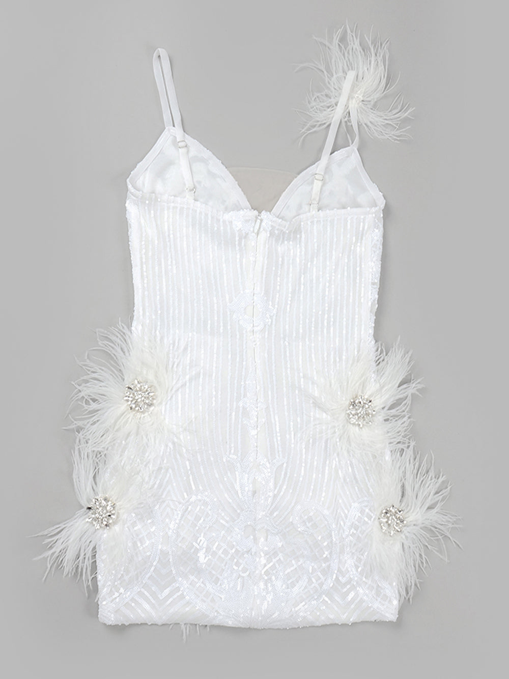 V-Neck Spaghetti Strap Sequin Feather Trim Bodycon Mini Dress 10