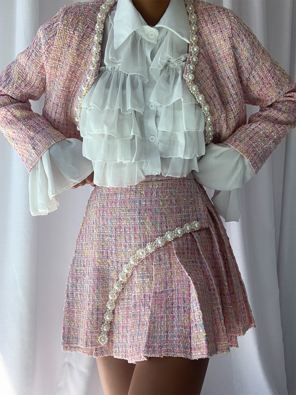 Pink Pearl Trim Tweed Jacket and Pleated Mini Skirt Set