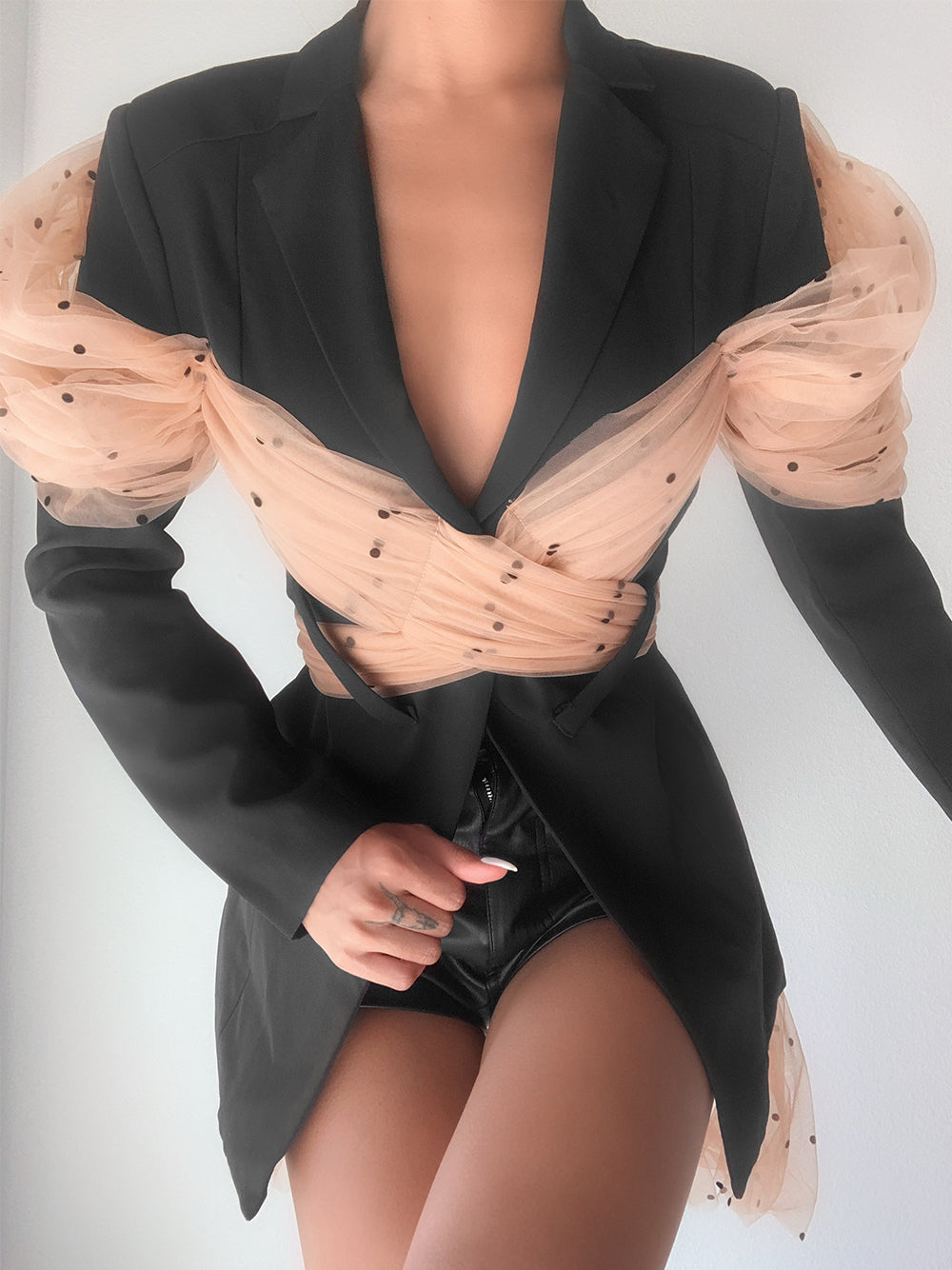 Black Notch Lapel Polka Dot Mesh Bow Wrap Blazer 2