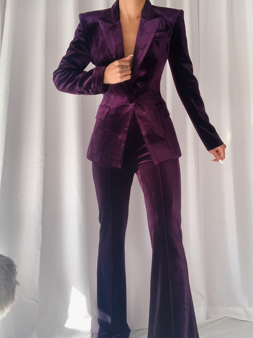 Purple Peak Lapel Velvet Single Button Blazer Pants Set