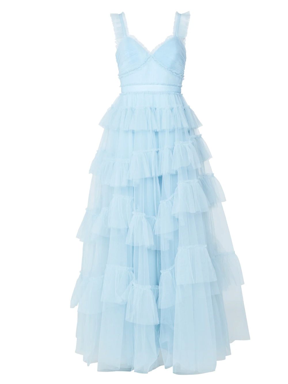 Light Blue Ruffle Strap Sweetheart Layered Tiered Tulle A-Line Maxi Dress