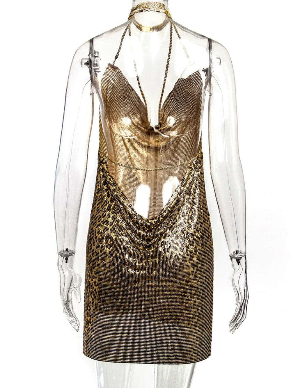 Chain Strap Cowl Neck Backless Chainmail Mini Dress
