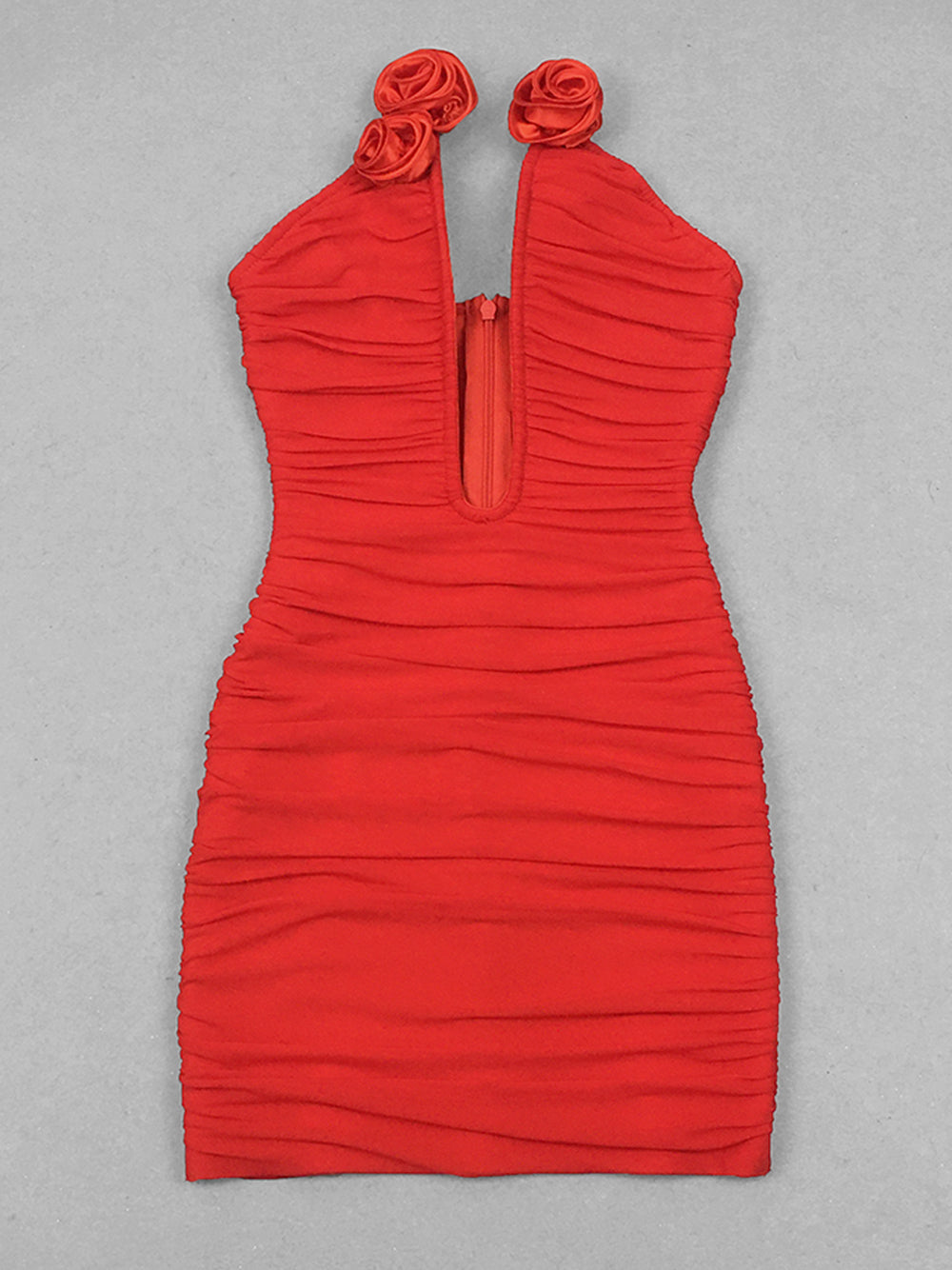 Red Plunge Neck Rosette Applique Halter Ruched Bodycon Mini Dress