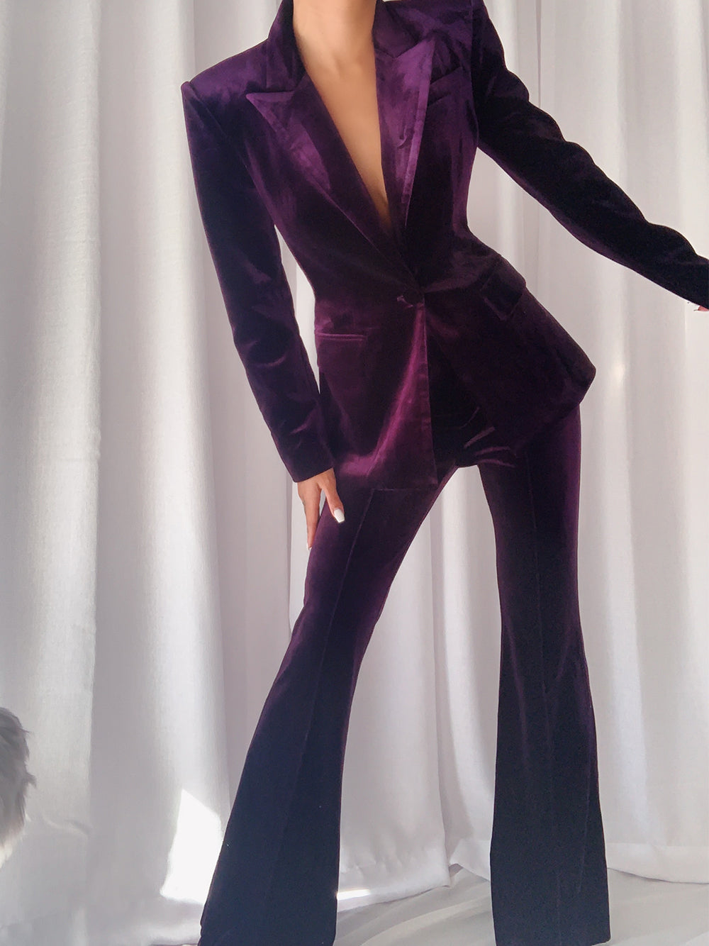 Purple Peak Lapel Velvet Blazer Flared Pants Set