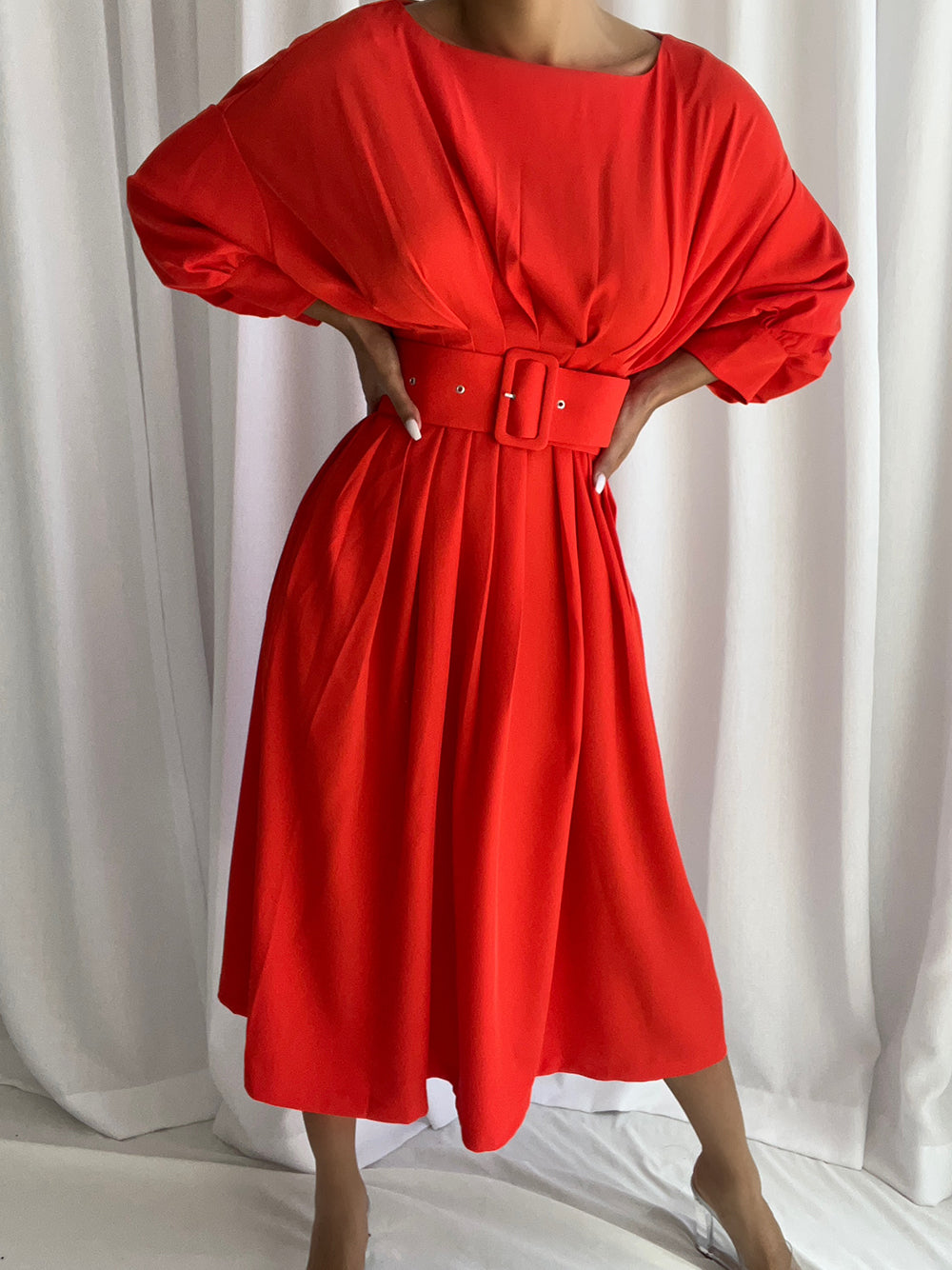 Red Round Neck Batwing Sleeve Belted Pleated A-Line Midi Dress 3