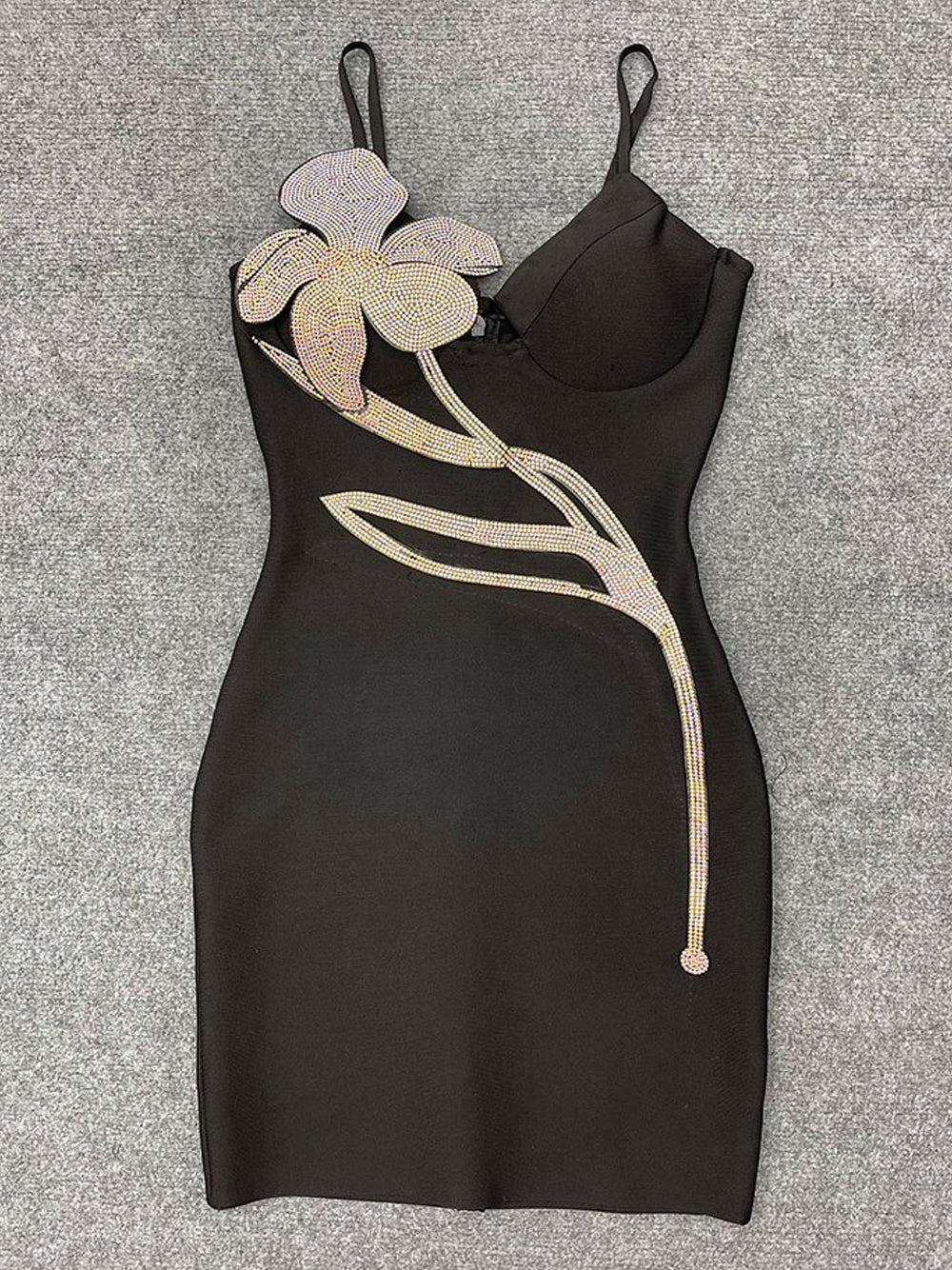 Black Strap Rhinestone Floral Applique Cutout Bodycon Mini Dress