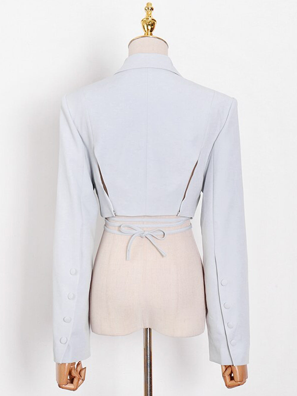 Light Blue Cropped Lace-Up Blazer and Pleated Asymmetric Skirt Set 14