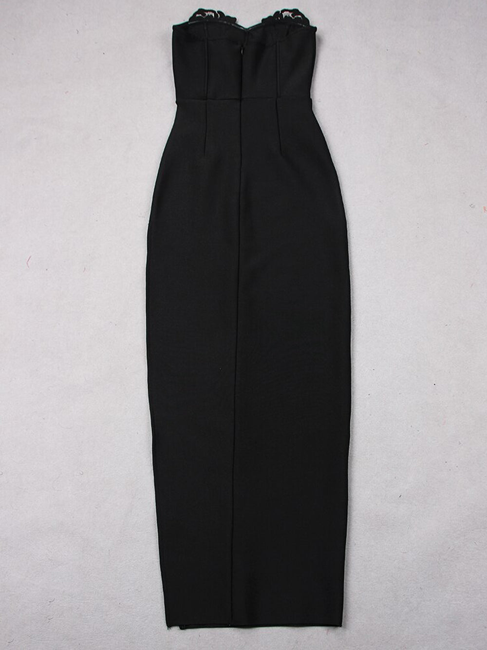 Black Strapless Crystal Rose Applique Bodycon Maxi Gown