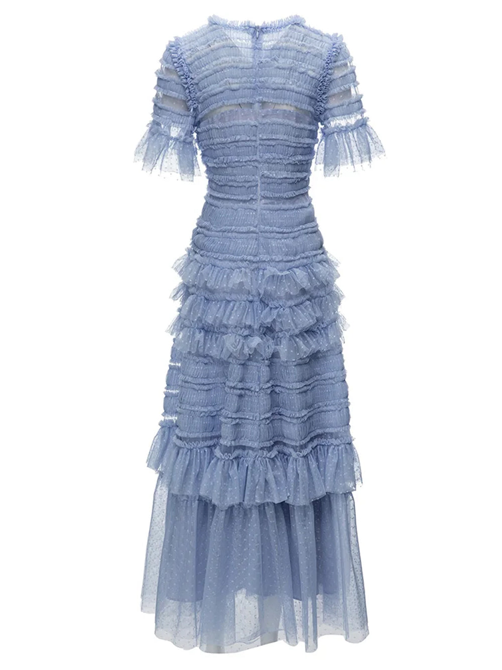 Arctic Blue Round Neck Tiered Ruffle Tulle Short Sleeve A-Line Maxi Dress