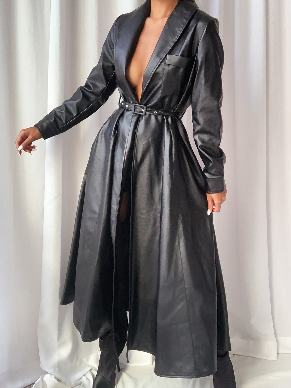 Lapel Belted Leather Maxi Trench Coat 13