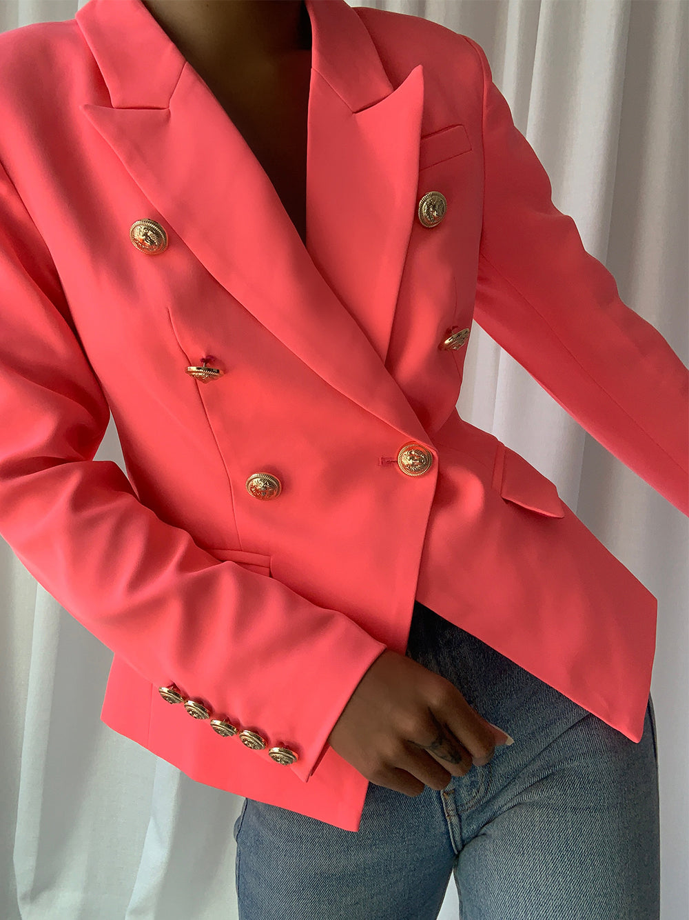 Pink Gold Button Double Breasted Fitted Tailored Blazer