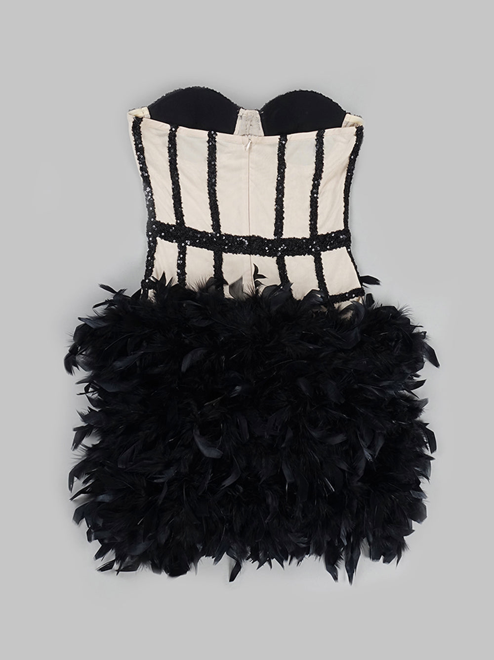 Black Strapless Sweetheart Sequin Corset Feather Hem Bodycon Mini Dress