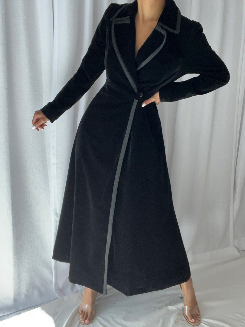 Black Lapel Collar Satin Trim Velvet Wrap Front Longline Duster 4