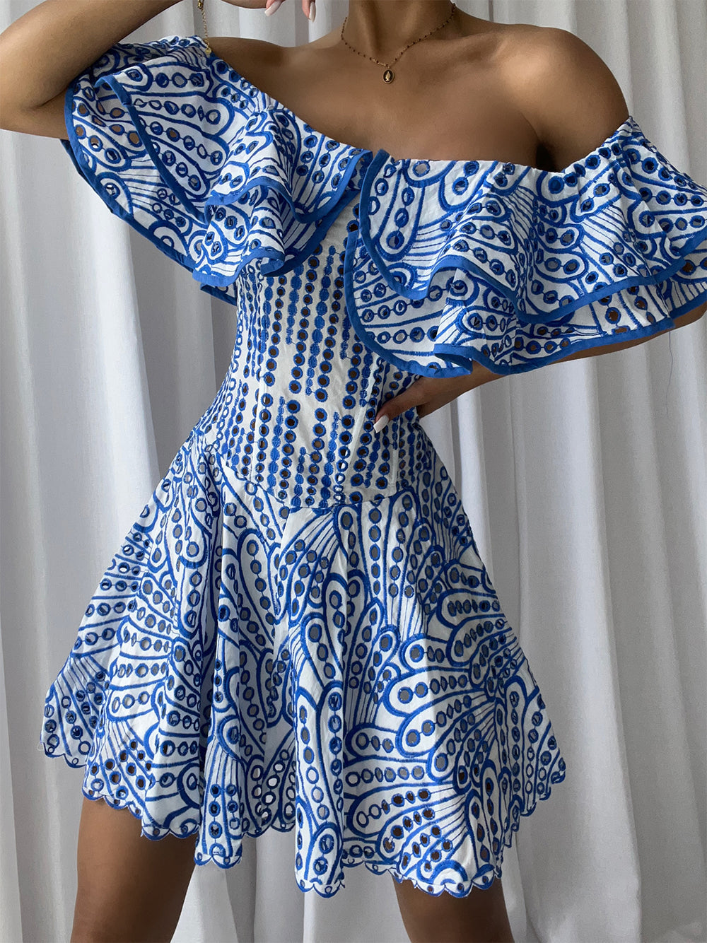 Off-Shoulder Ruffle Eyelet Embroidered Scallop Hem Flared Mini Dress