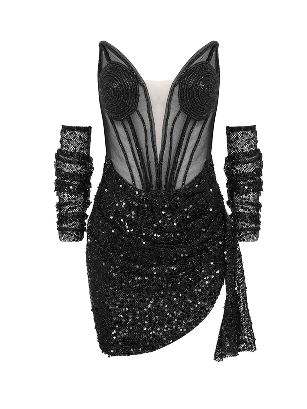 Black Strapless Sequin Mesh Corset Ruched Bodycon Mini Dress