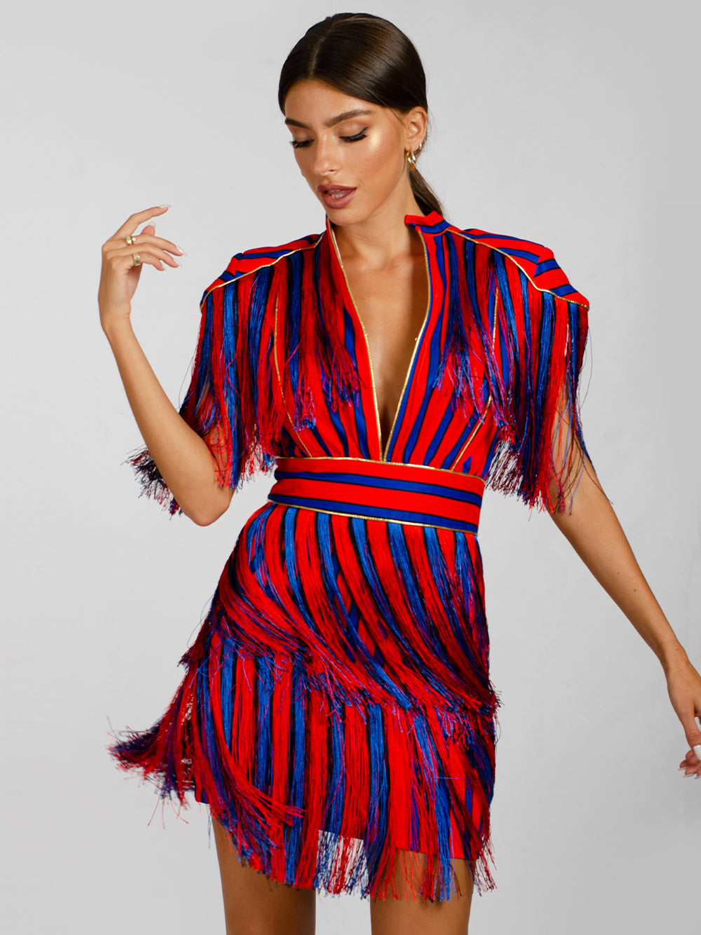 Red Collared V-Neck Striped Fringe Tassel Short Sleeve Mini Dress