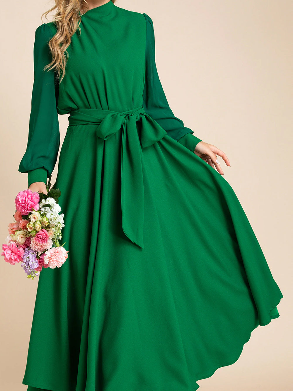 Green Mock Neck Sheer Sleeve Waist Tie A-Line Midi Dress 8