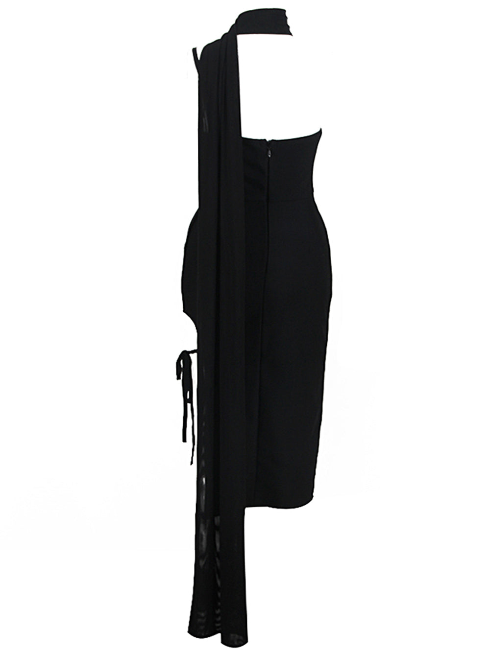 Black One Shoulder Floral Applique Beaded Ruched High Slit Bodycon Midi Dress 2