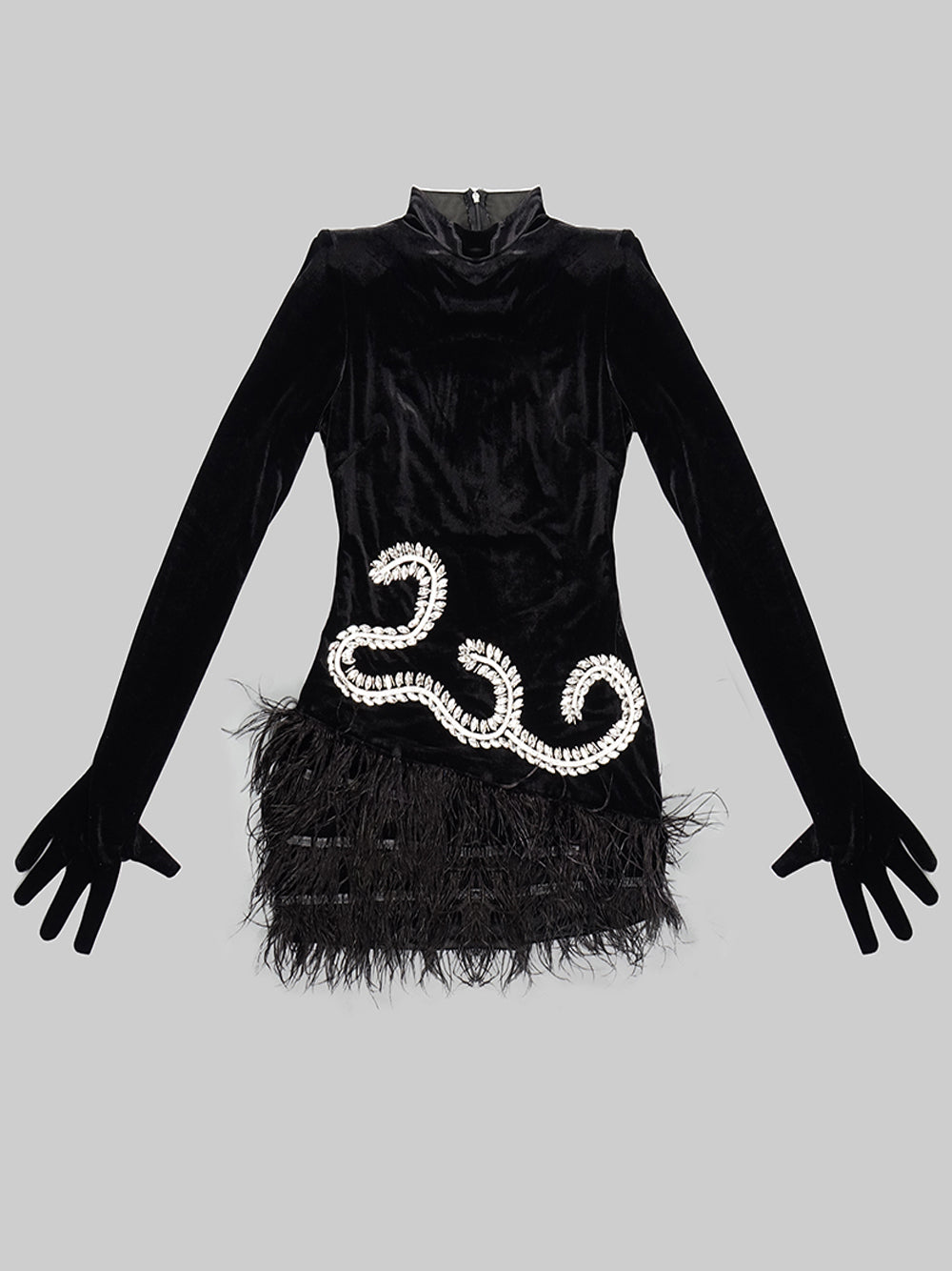 Black High Neck Long Sleeve Velvet Rhinestone Feather Hem Bodycon Mini Dress