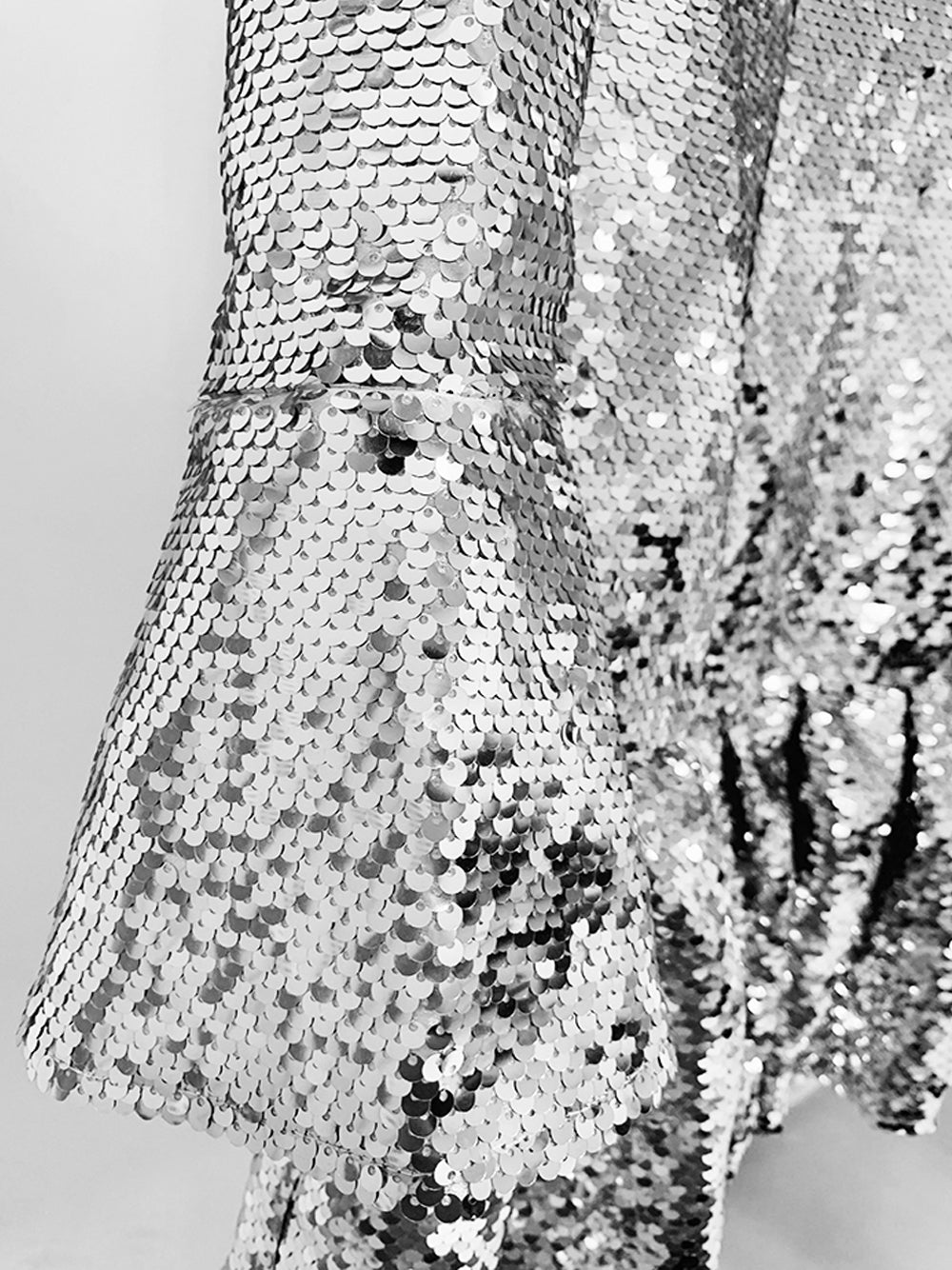 Silver High Neck Puff Sleeve Sequin Ruffle Hem A-Line Mini Dress
