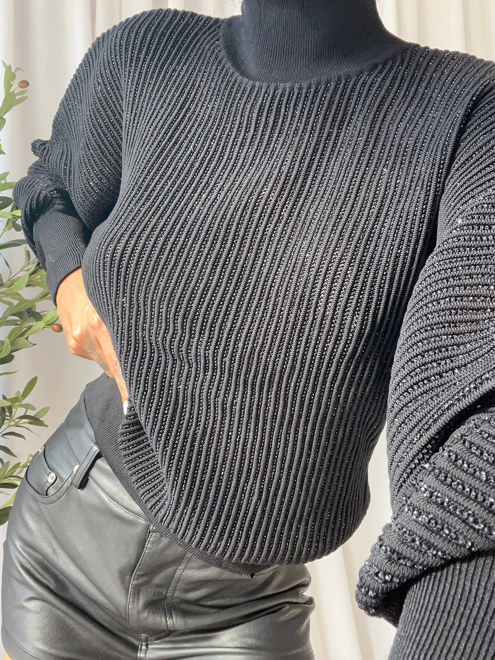 Black Turtleneck Metallic Ribbed-Knit Long Sleeve Sweater 3