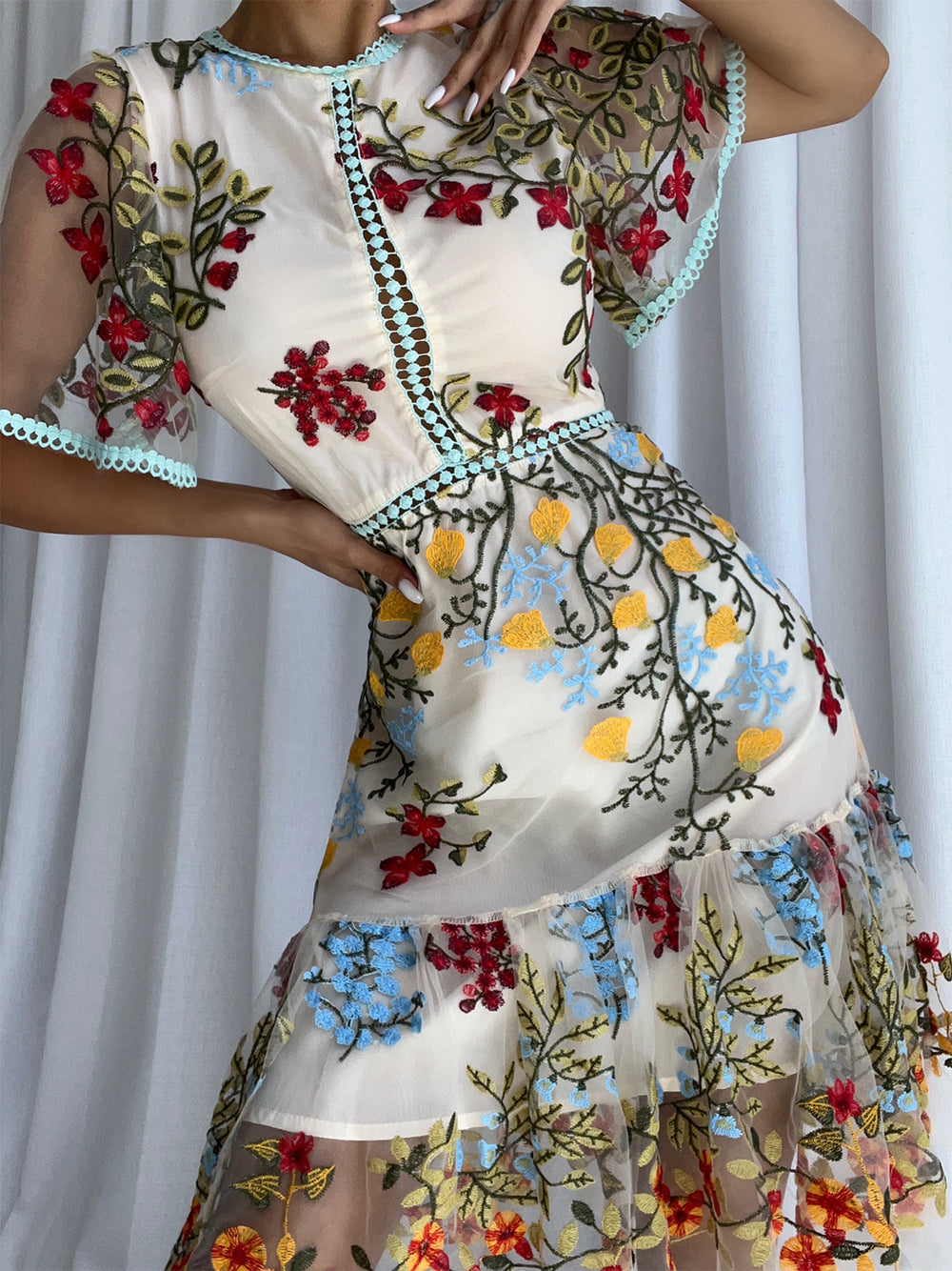 Apricot Round Neck Floral Embroidered Scalloped Trim Sheer Mesh Midi Dress 7