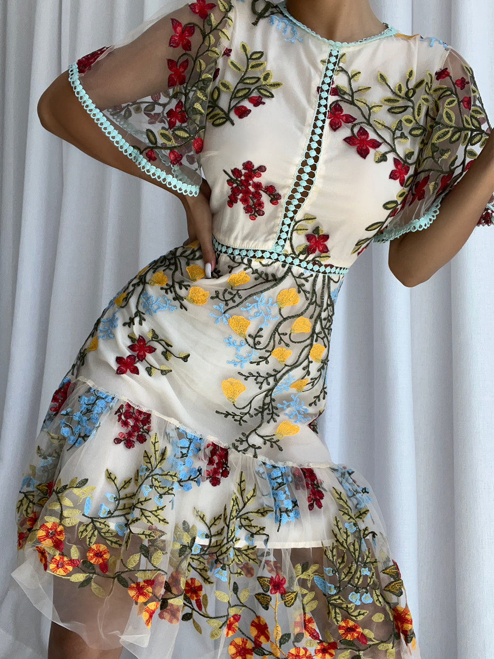Apricot Round Neck Floral Embroidered Scalloped Trim Sheer Mesh Midi Dress 10