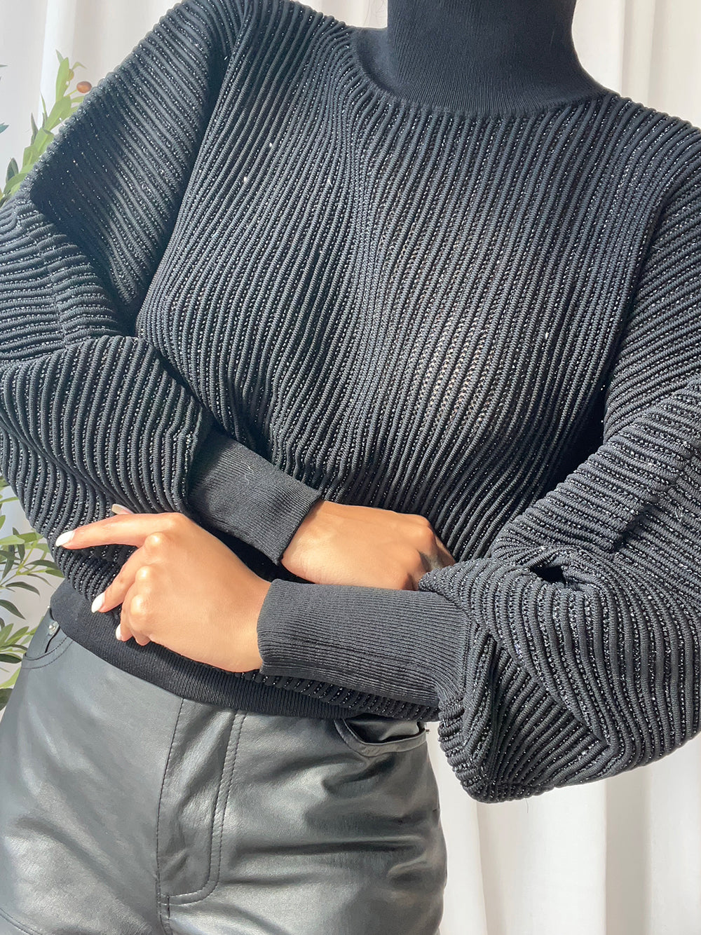 Black Turtleneck Metallic Ribbed-Knit Long Sleeve Sweater 2