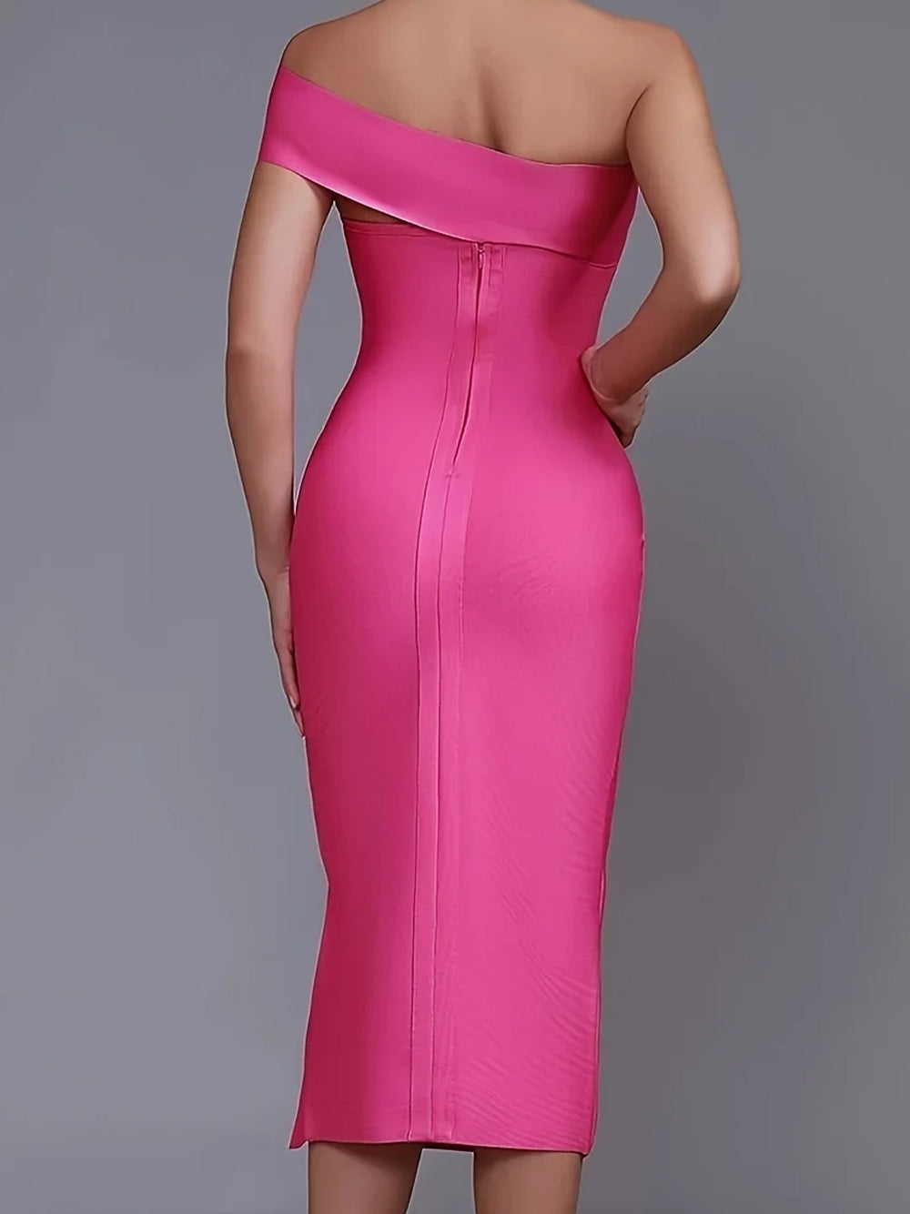 Fuchsia One Shoulder Keyhole Cutout High Slit Bandage Midi Dress