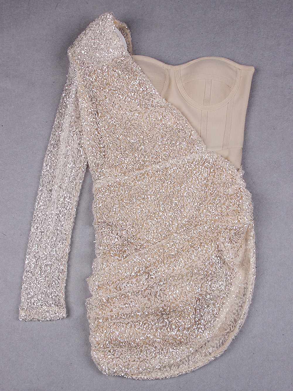 Beige One-Shoulder Sequin Long Sleeve Bodycon Mini Dress